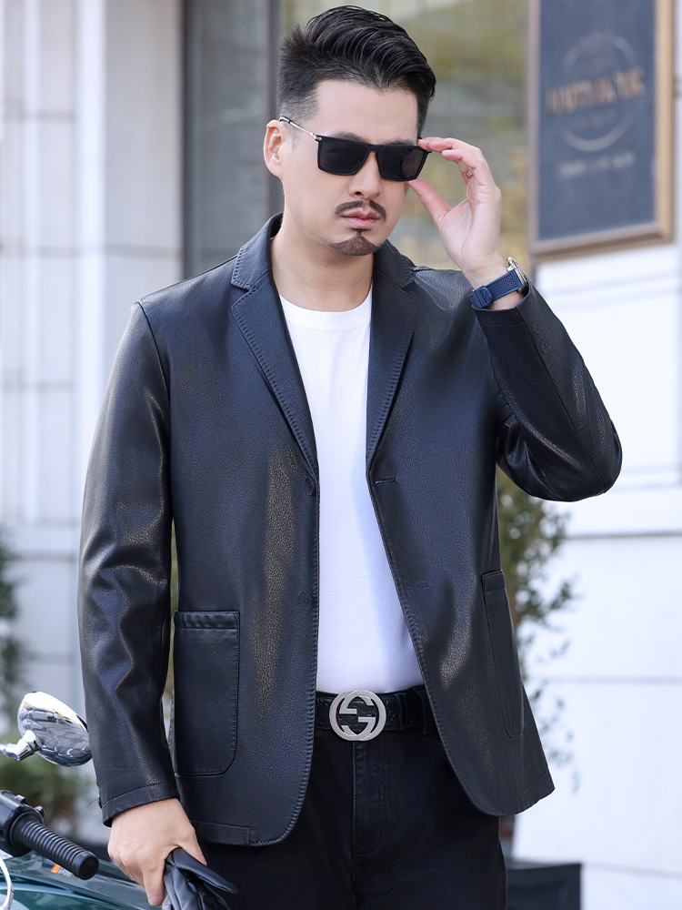 海宁皮衣男士西装休闲时尚帅气春秋百搭西服款男装皮衣外套2330