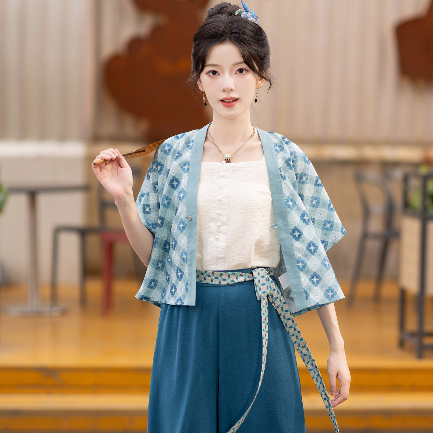 池夏【夏至:琉璃蓝】唐制印花唐背子雀蓝色宋裤原创改良汉服女 夏