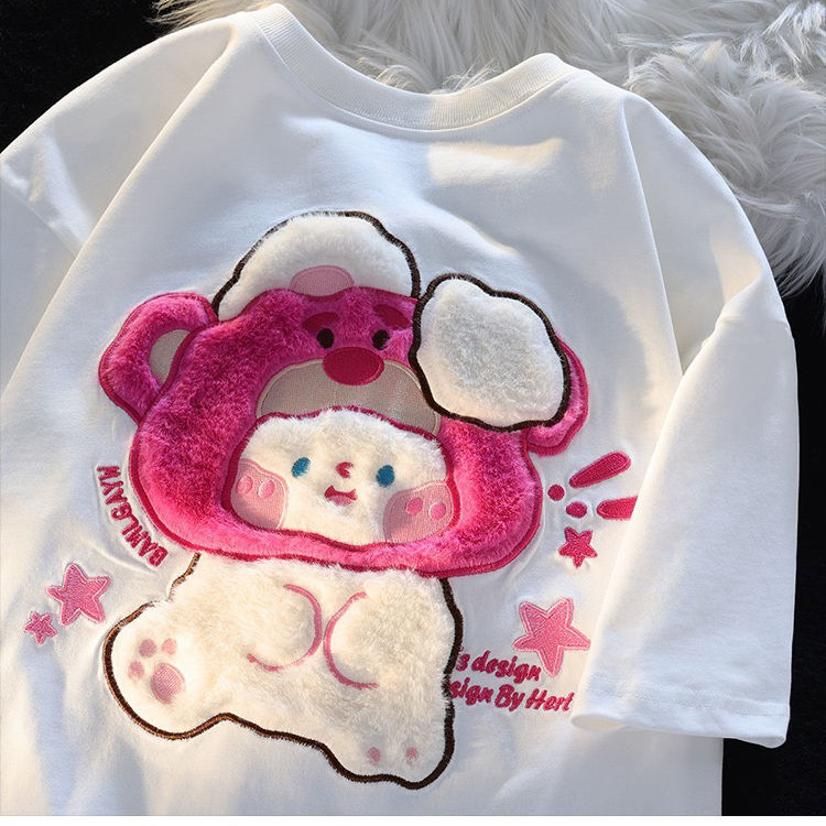 BOYUE 小熊帽子兔子纯棉短袖t恤女夏季新款宽松设计感小众情侣潮