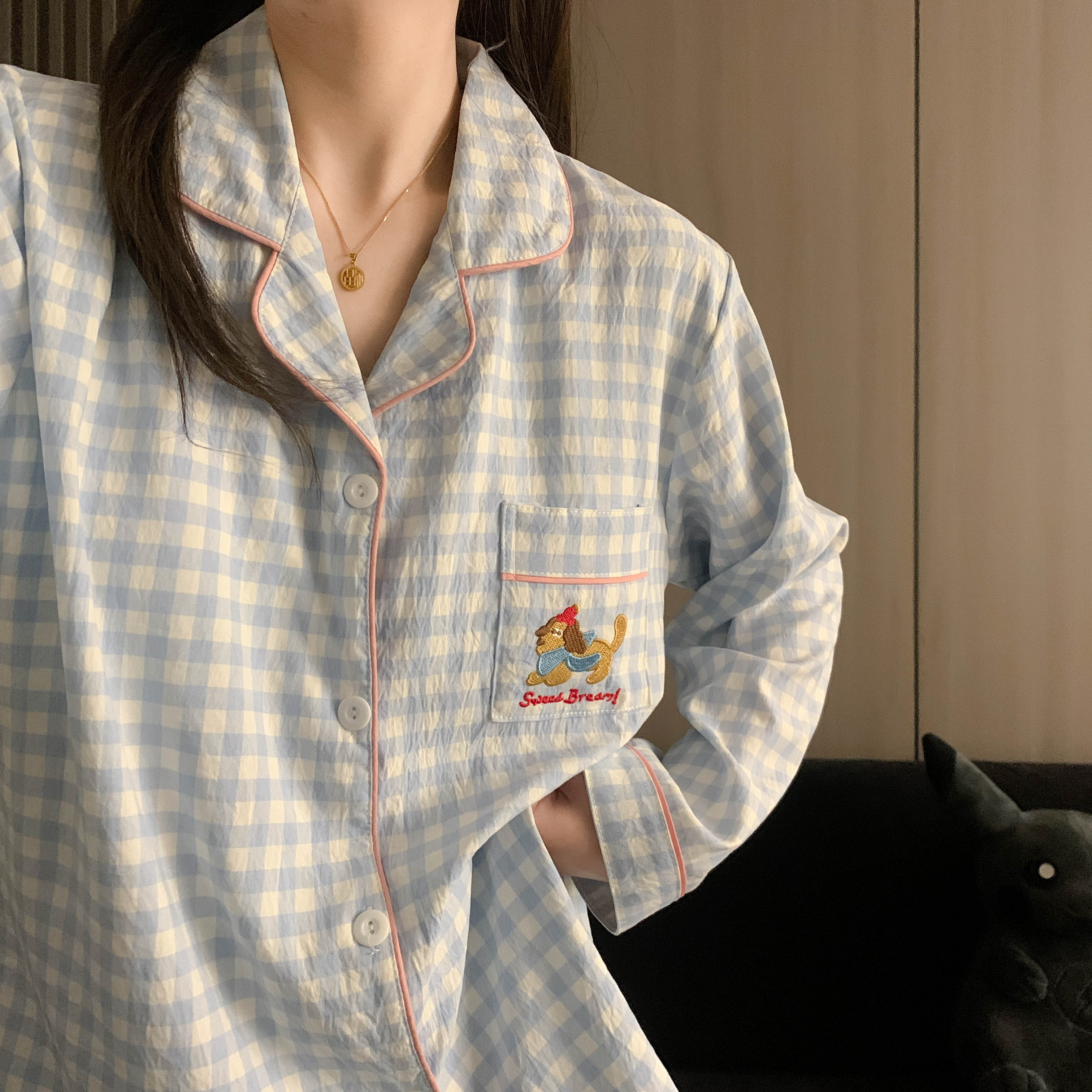 新款睡衣女云朵棉蓝色格子甜美ins风小狗卡通长袖宽松学生套装