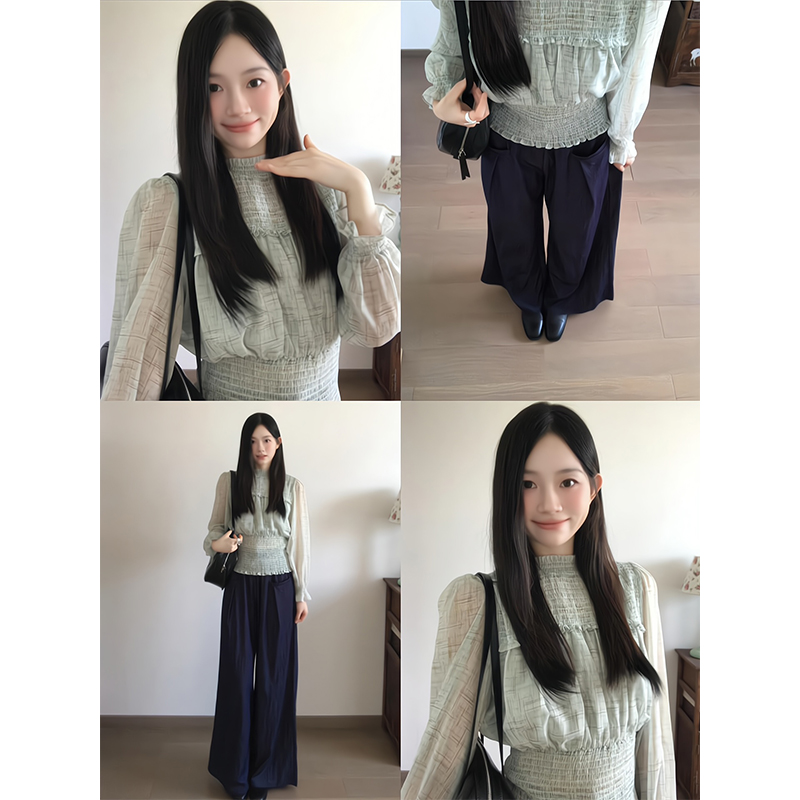 2025新款女士早秋季法式复古长袖衬衫设计感收腰显瘦上衣阔腿裤