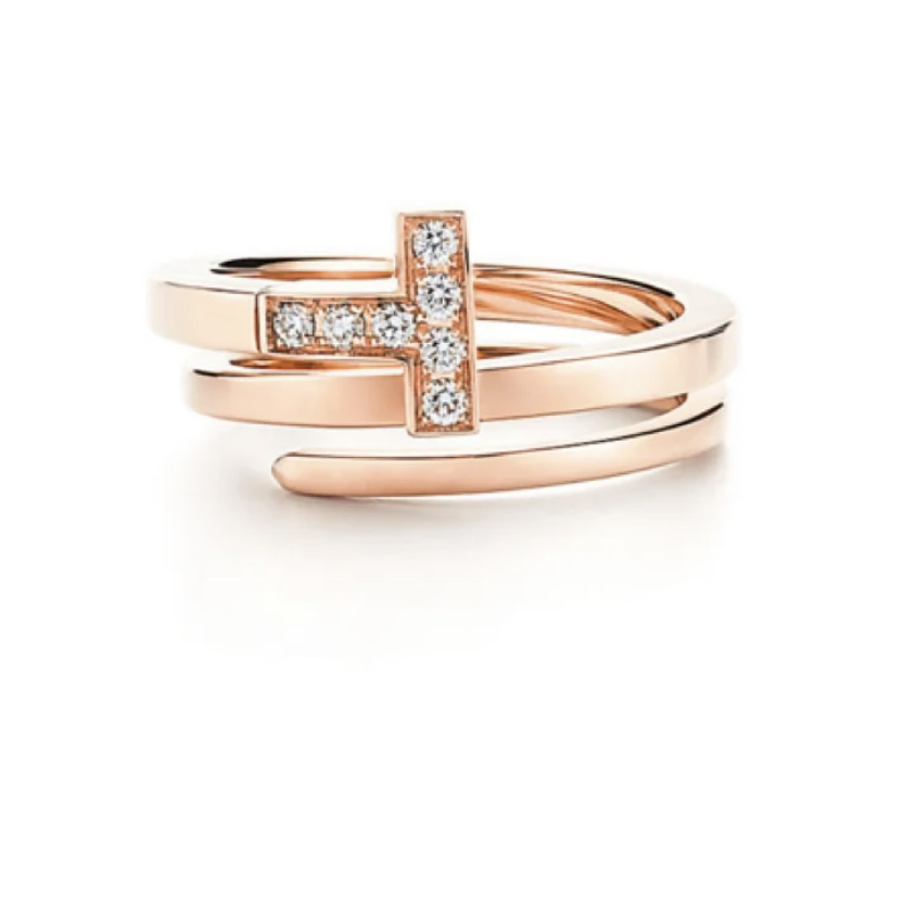99新 Tiffany & Co./蒂芙尼 玫金半钻方形缠绕式戒指/51码/S88-6
