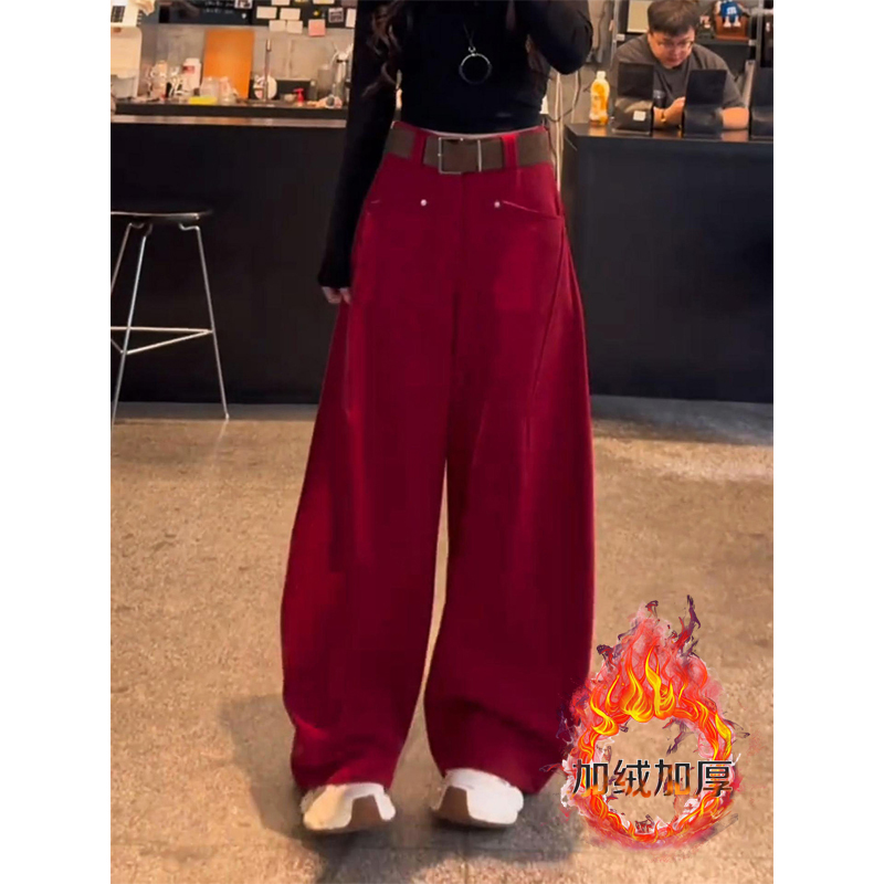 红色弯刀休闲裤子女2025新款秋冬加绒加厚独特超好看慵懒风阔腿裤
