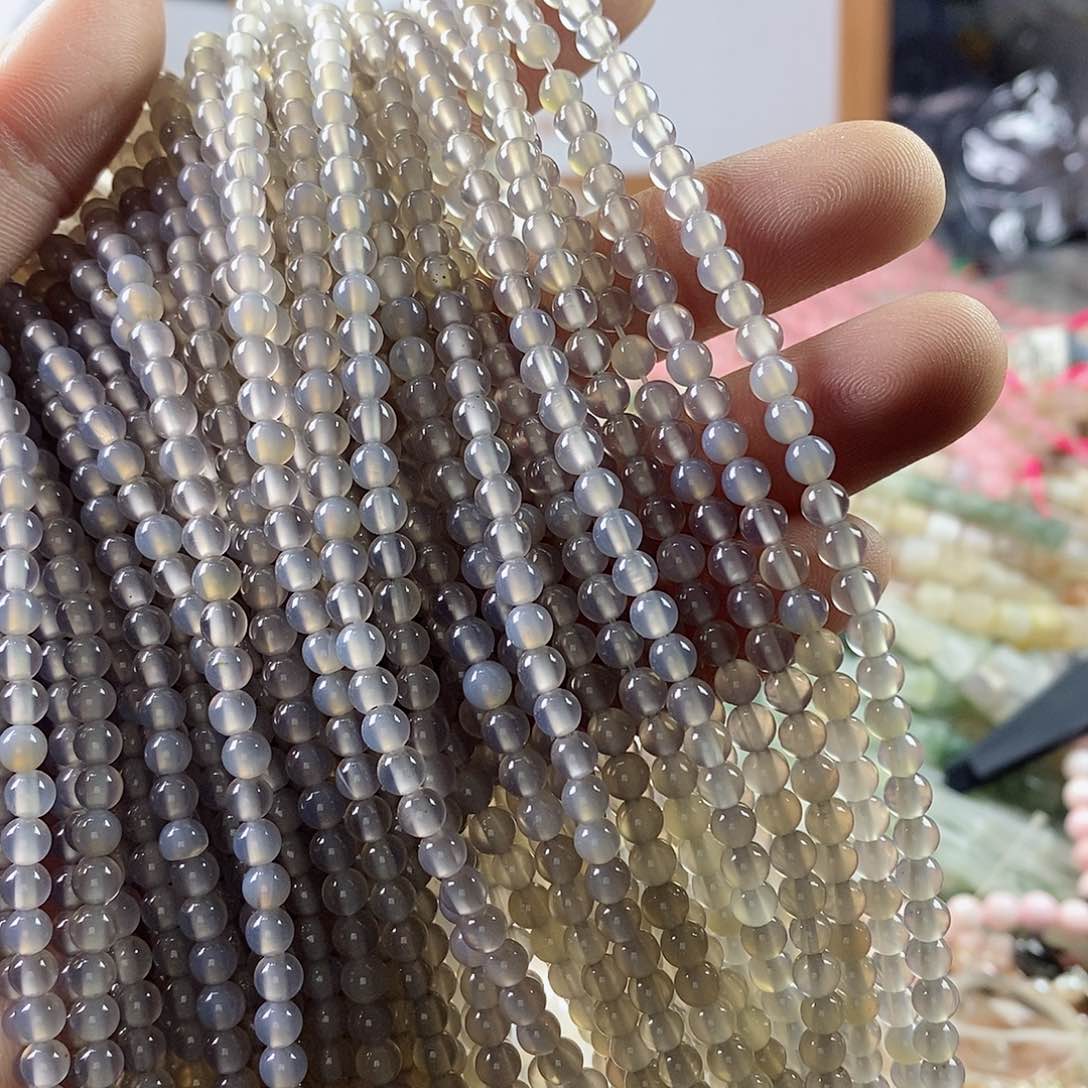 玛瑙/玉髓珠宝半成品合金一条天然4mm透体灰玛瑙圆珠A级