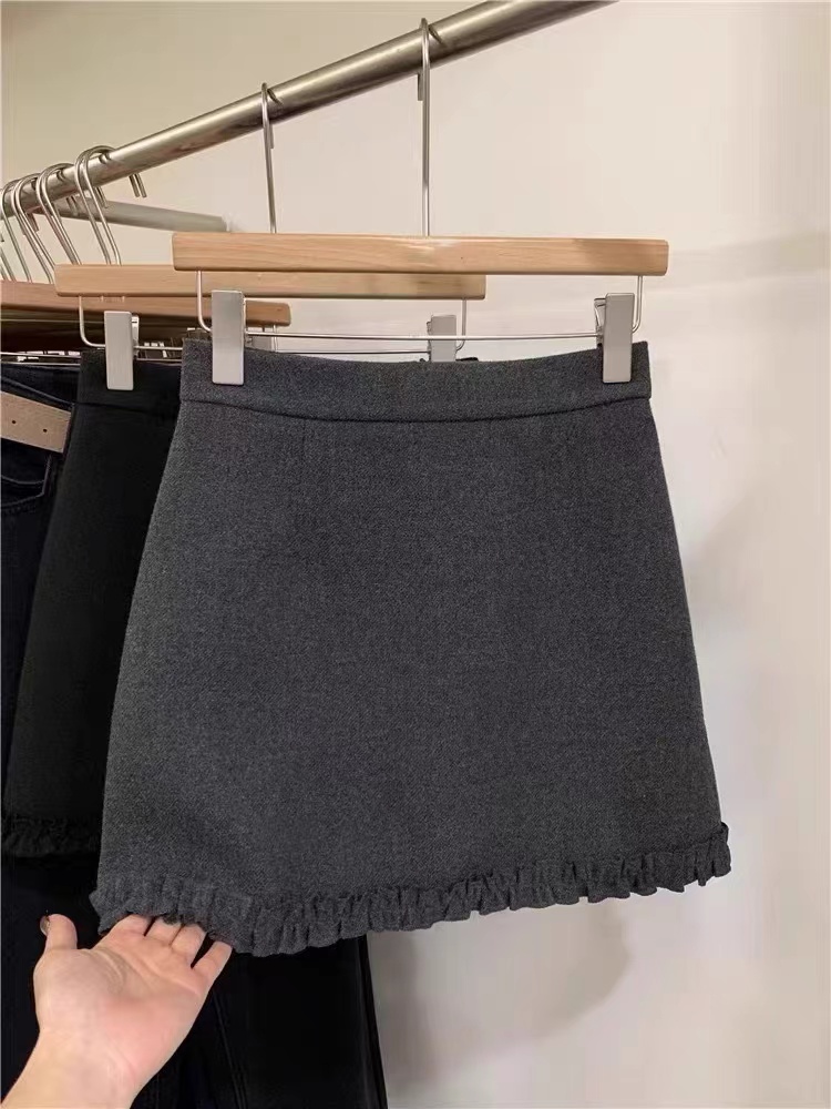 花苞拼接a字毛呢短裙女2025秋冬新款高腰百搭显瘦设计感半身裙子