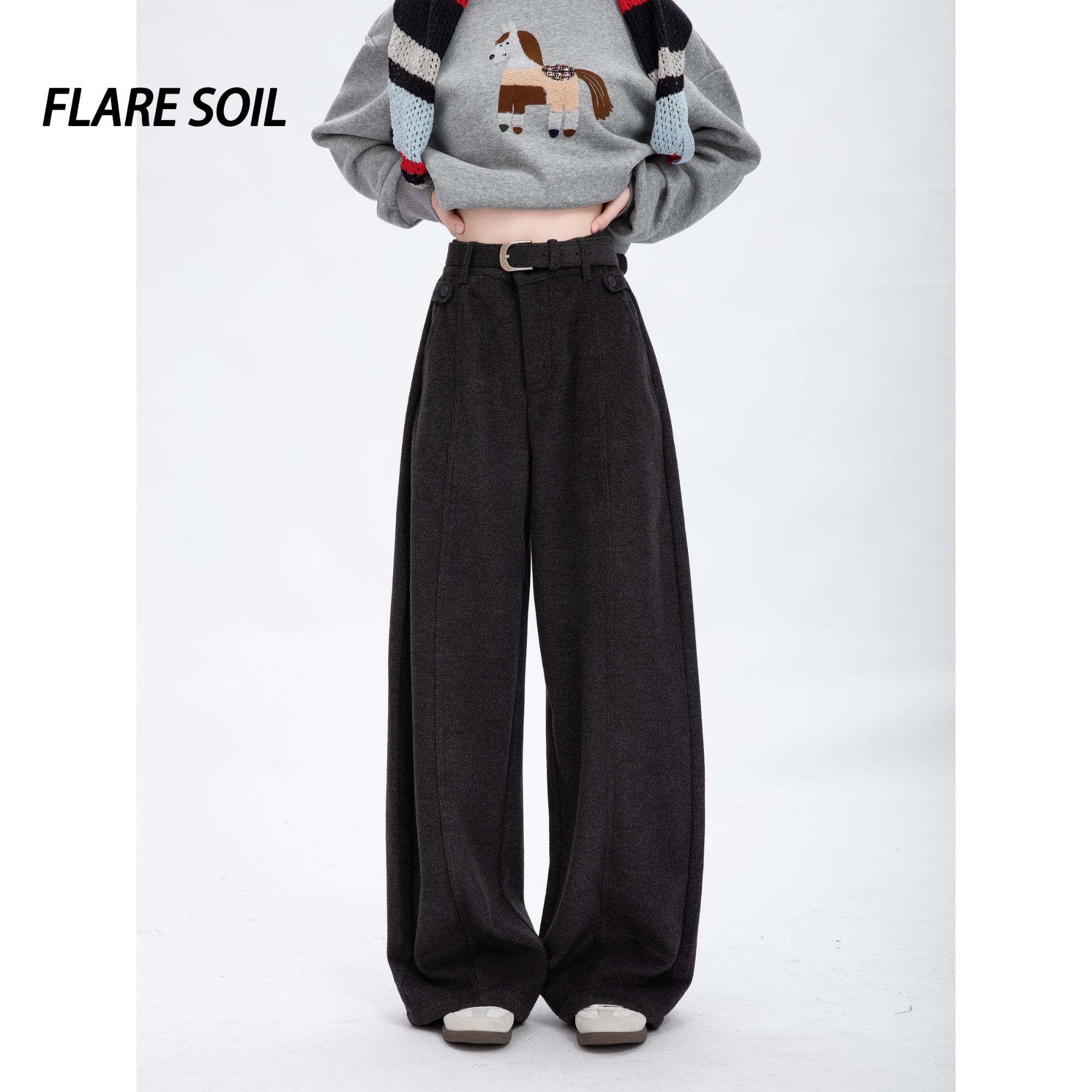【FLARE SOIL】竖条拼接弯刀裤毛呢裤秋冬保暖裤子 T4909B