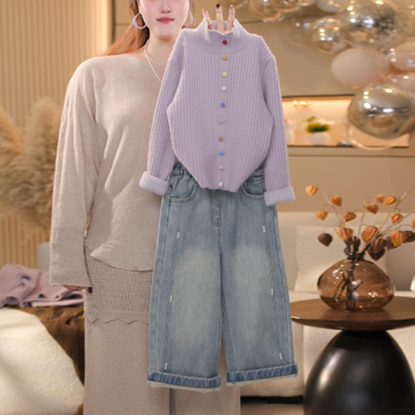 【米拉6】女童紫色加绒毛衣针织牛仔裤冬季中大童百搭长袖上衣外套