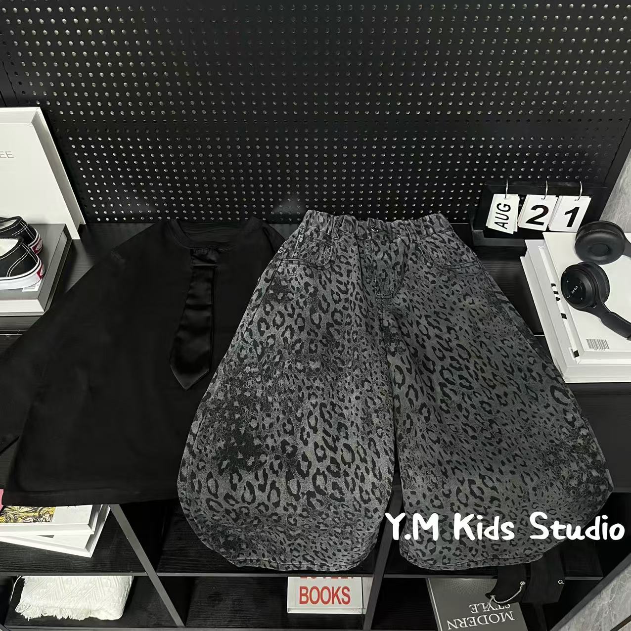 【Y.M KIDS】2025秋季新款男童豹纹休闲裤子领带T恤宽松百搭潮