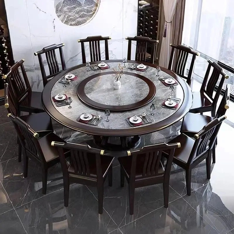 全实木内嵌岩板餐桌椅组合轻奢岩板家用餐桌酒店大圆桌吃饭桌子