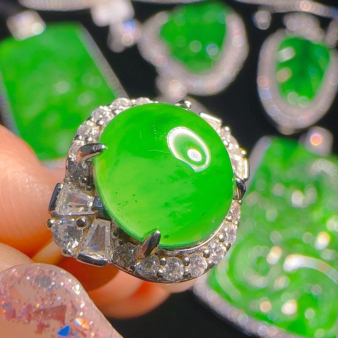 翡翠戒指银S925镶嵌天然