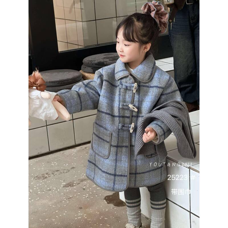 单排扣纯色韩版圆领B类V领呢大衣呢子加绒宝宝冬装