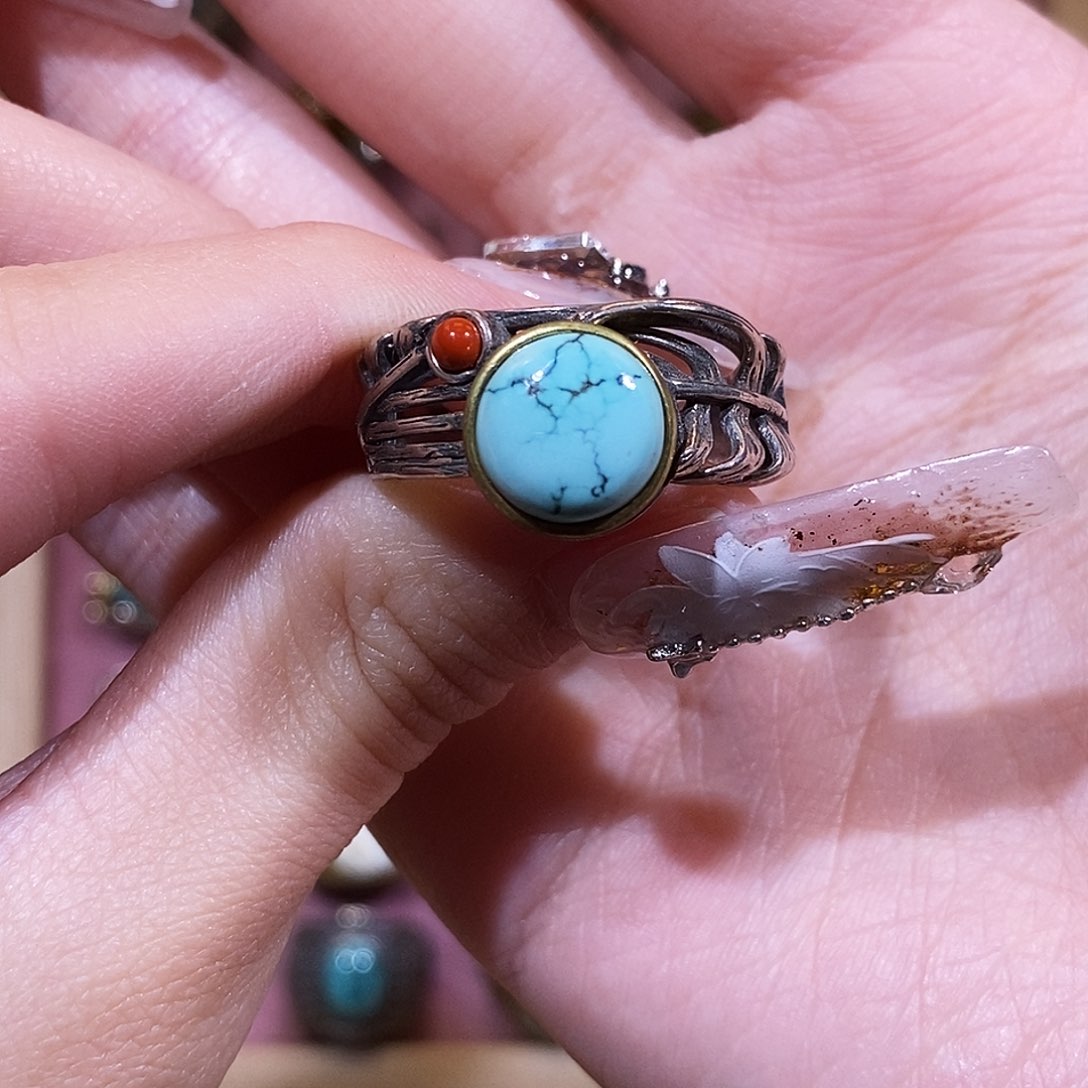 绿松石戒指银S925镶嵌金*?戒指