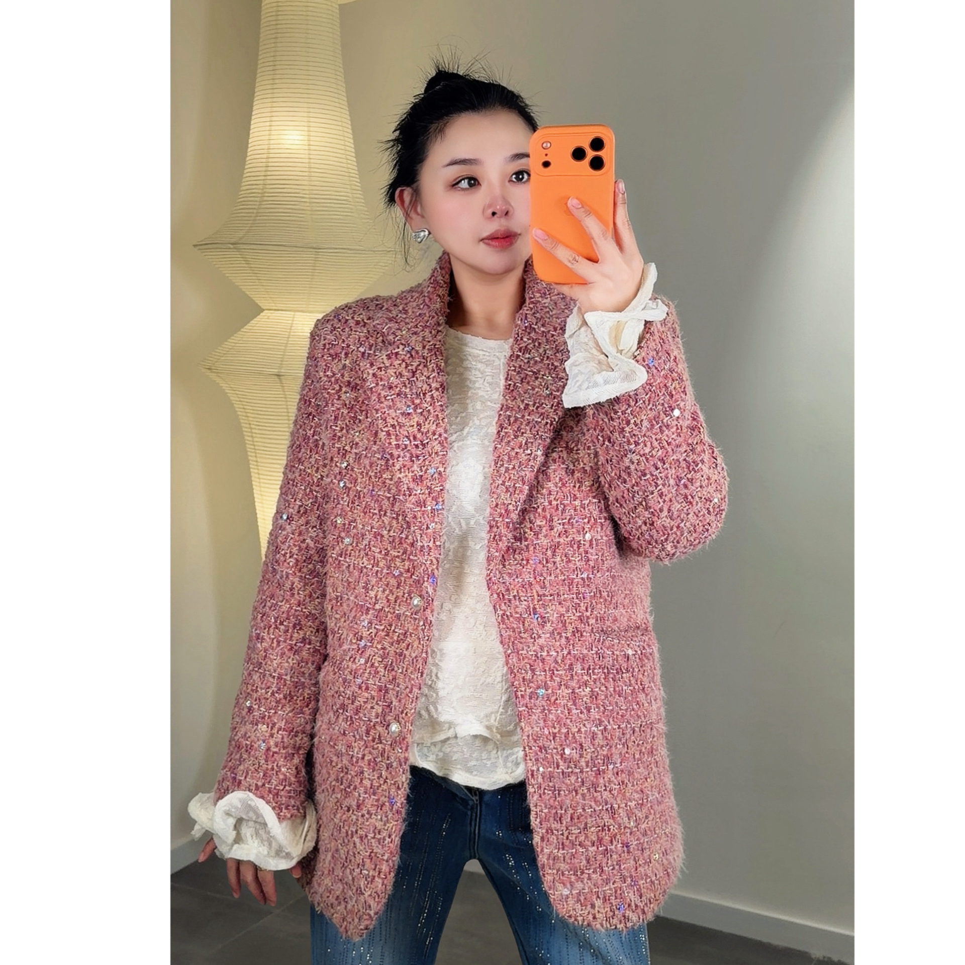 QGG·大码冬季高品重工编织亮片小香设计感夹棉外套