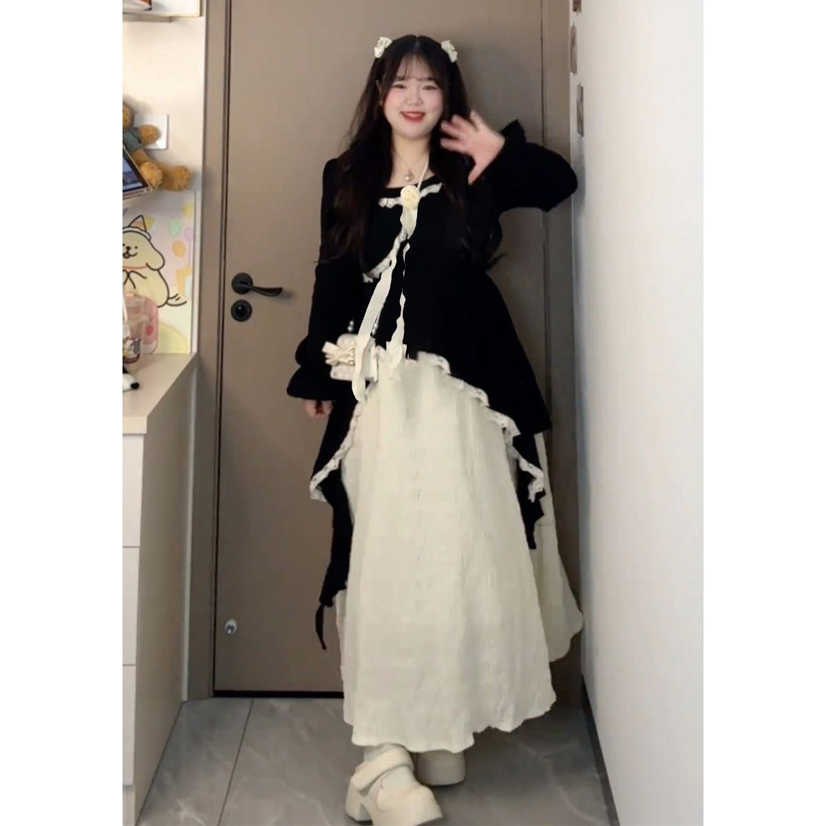 大码胖MM春秋款假两件赫本风财阀千金不规则长袖拼接设计女连衣裙