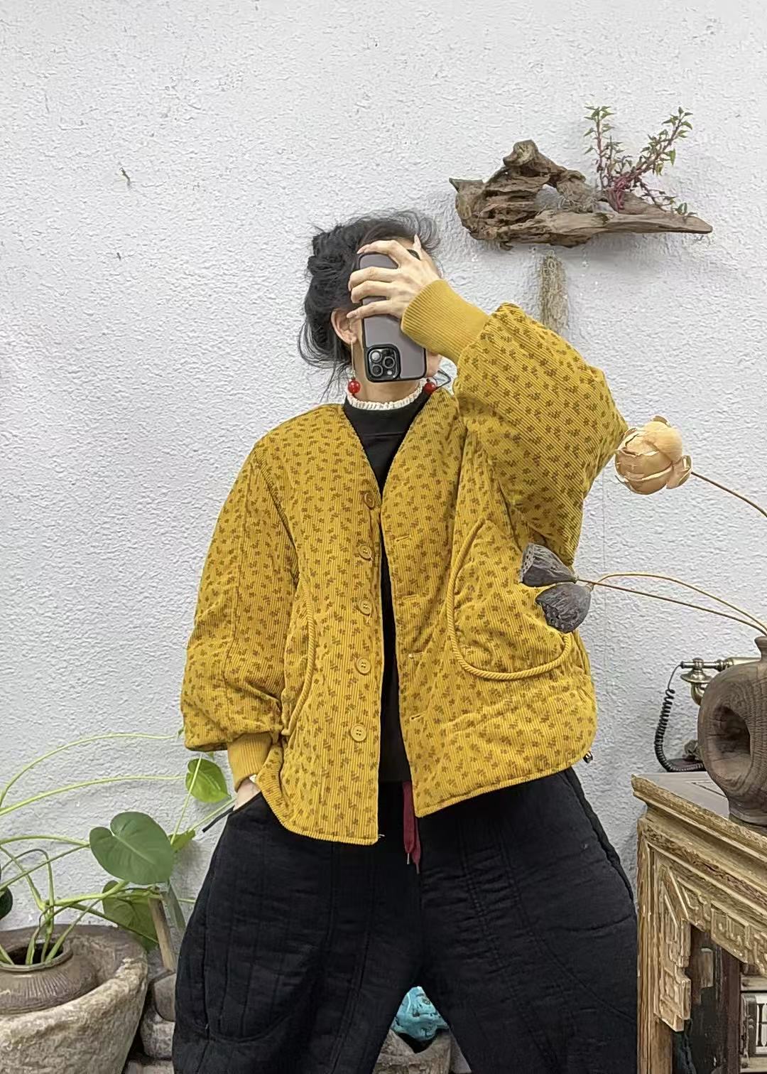 8573夹棉灯芯绒V领螺纹袖口棉袄上衣（长65胸围156