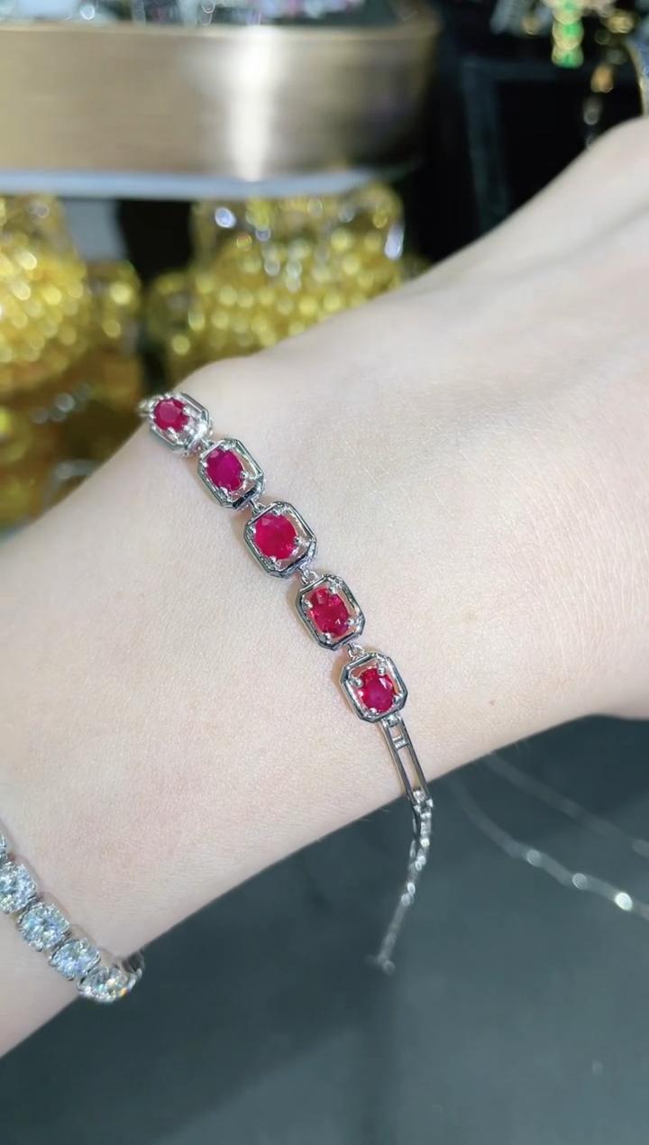 18K金镶嵌天然缅甸红宝石手链 K白