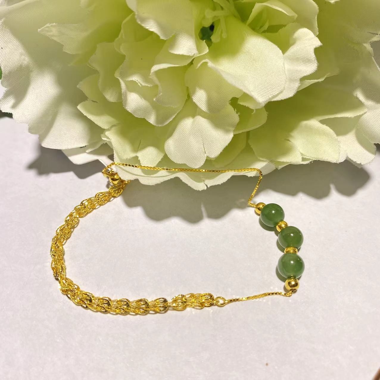 【清仓专属】足金金珠和田玉碧玉凤尾手链 2015