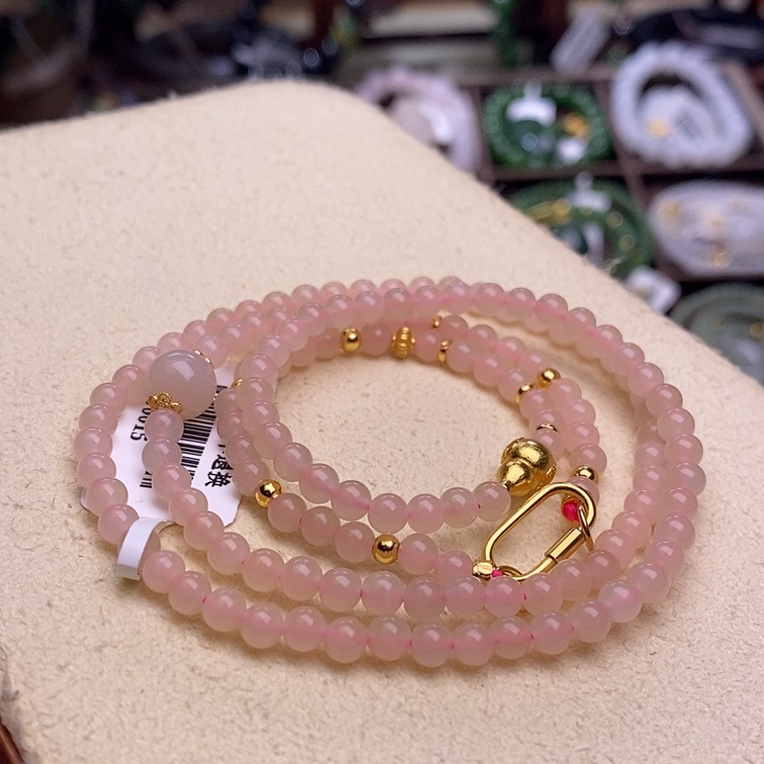 颈饰未镶嵌和田玉熟藕粉脂膏级老料设计款多圈珠链4m