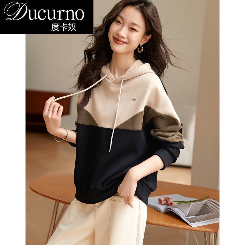 度卡奴撞色拼接加厚保暖卫衣2025年冬季新款女宽松连帽加厚卫衣女