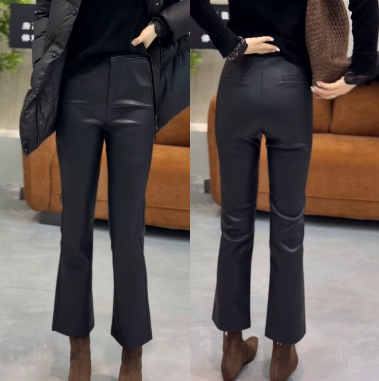 欧货皮裤女秋冬新加绒高腰显瘦百搭微喇裤直筒九分裤皮U皮仿皮裤