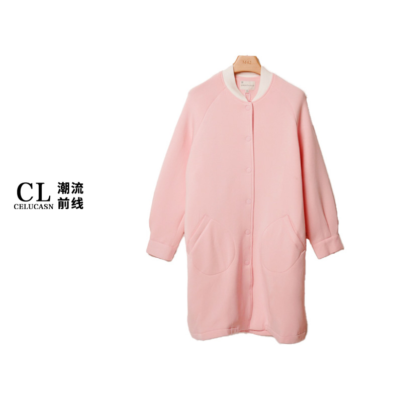 K5QBZ192#秋冬款休闲运动风棒球领单排扣中长款短绒呢外套上衣