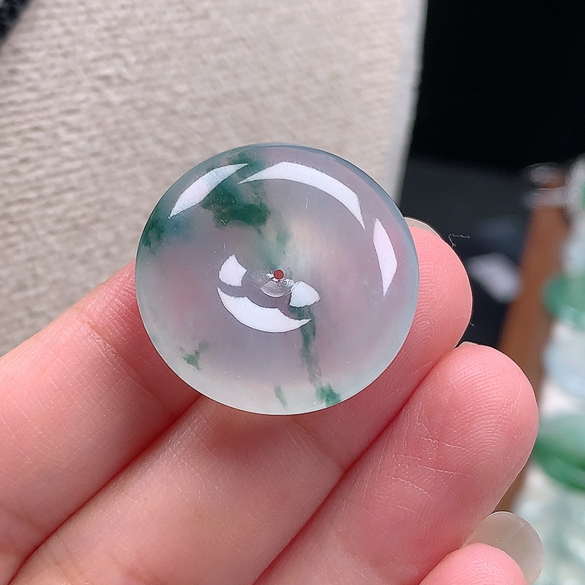 缅甸天然翡翠A货玉石冰种飘花平安扣吊坠24.5*5.5mm