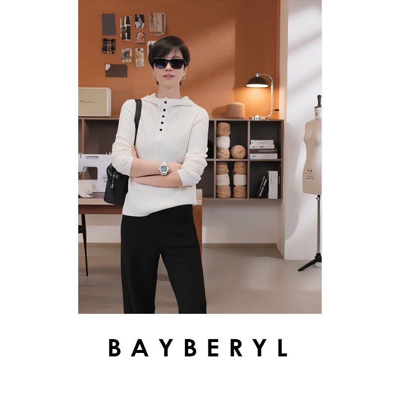 FF-BAYBERYL老贝竖坑条显瘦连帽时尚百搭羊毛秋针织衫ZZS5G2403