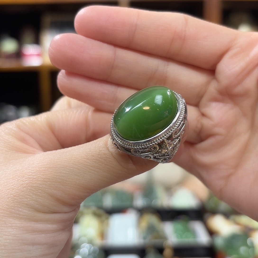 和田玉（碧玉）戒指银S925镶嵌