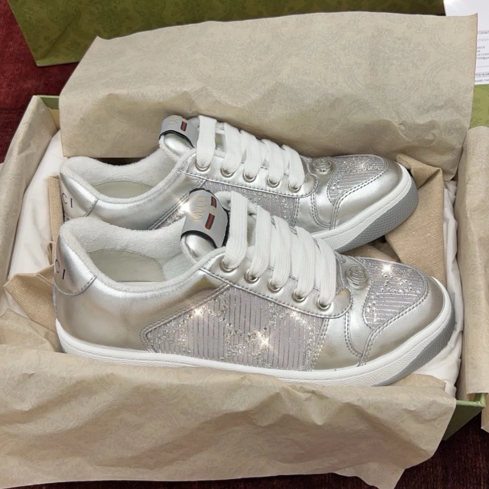 未使用 GUCCI/古驰 全新女鞋 银色老花脏脏鞋镶钻白色珐琅 多尺码