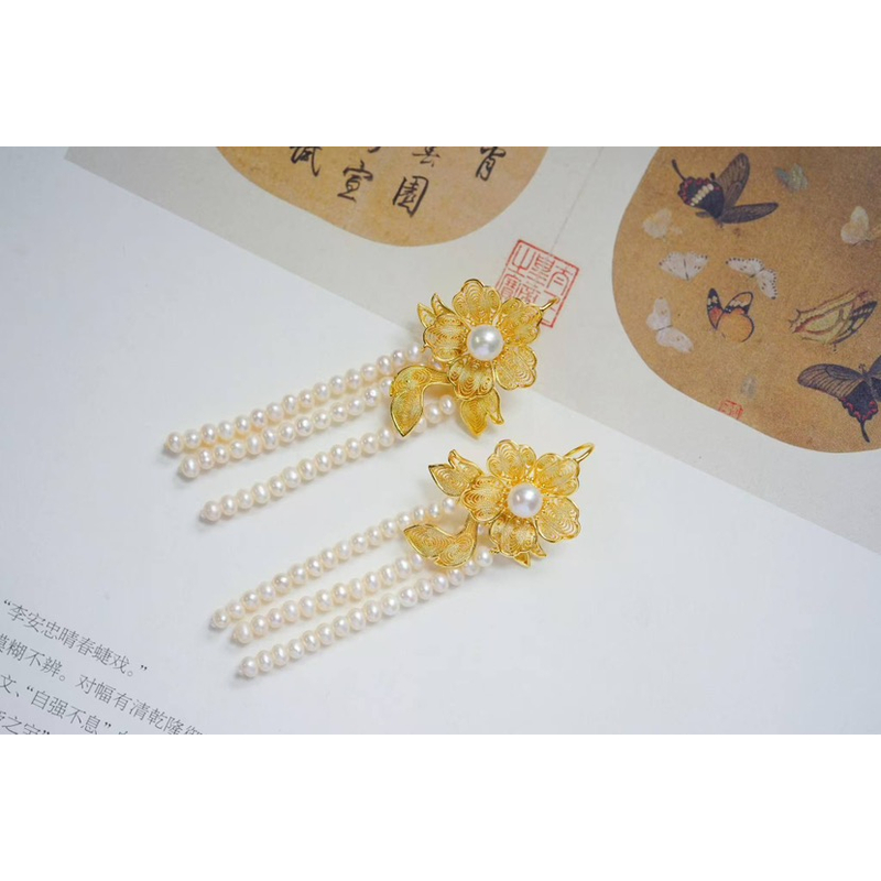 925银耳饰 衣锦媚行 925银镀金镶珍珠流苏花丝耳饰E2656