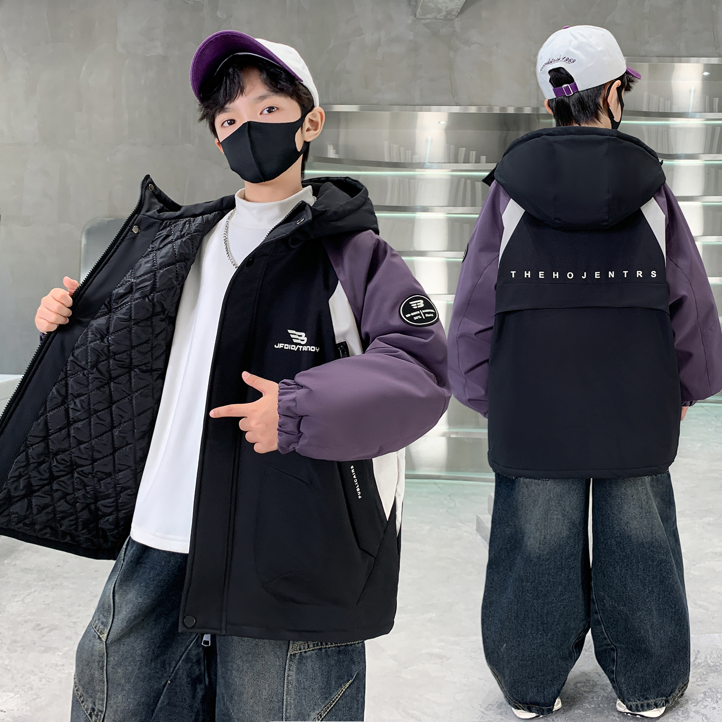 男童秋冬款外套夹棉加厚2025新款中大童冬装拼接冬季儿童连帽风衣