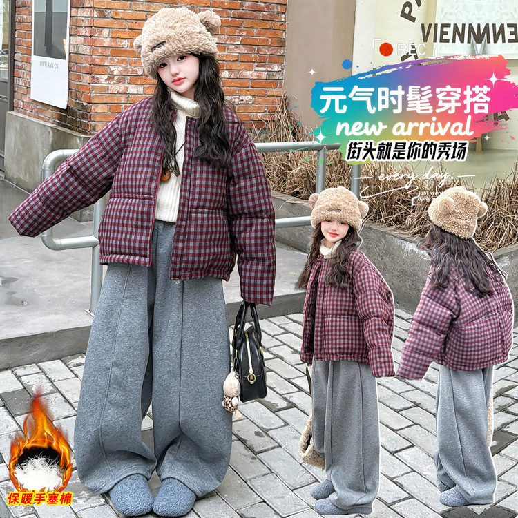 女童中大童冬季韩版百搭格子保暖棉服加绒一体绒弯刀阔腿裤套装潮
