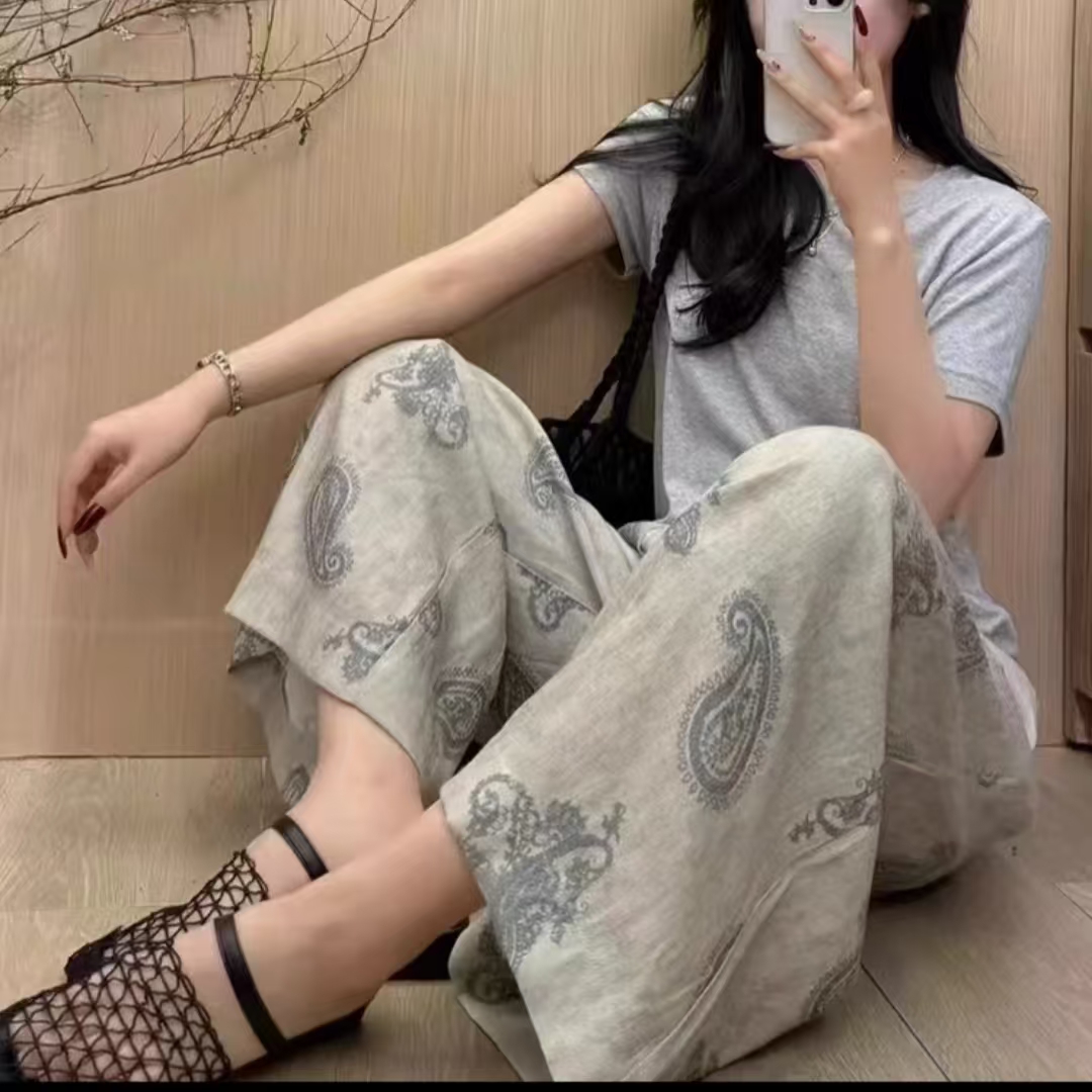 608/2568-1/138 韩系复古印花直筒裤女夏季新款小众休闲拖地裤