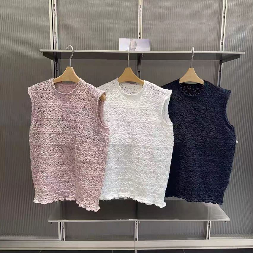 2026春新款复古圆领镂空针织背心女无袖套头马甲【6016】