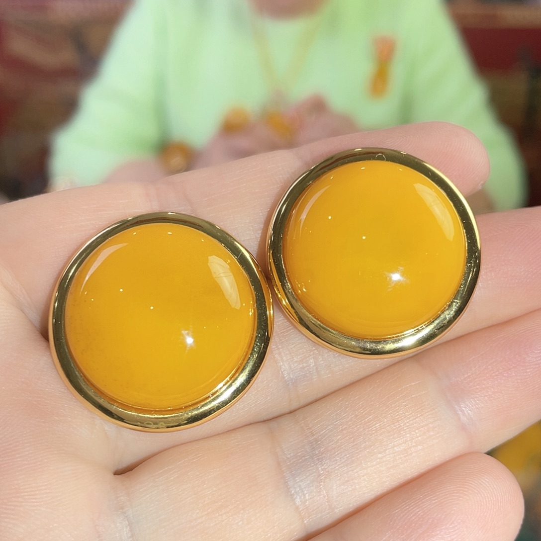 蜜蜡耳钉银S925镀金镶嵌