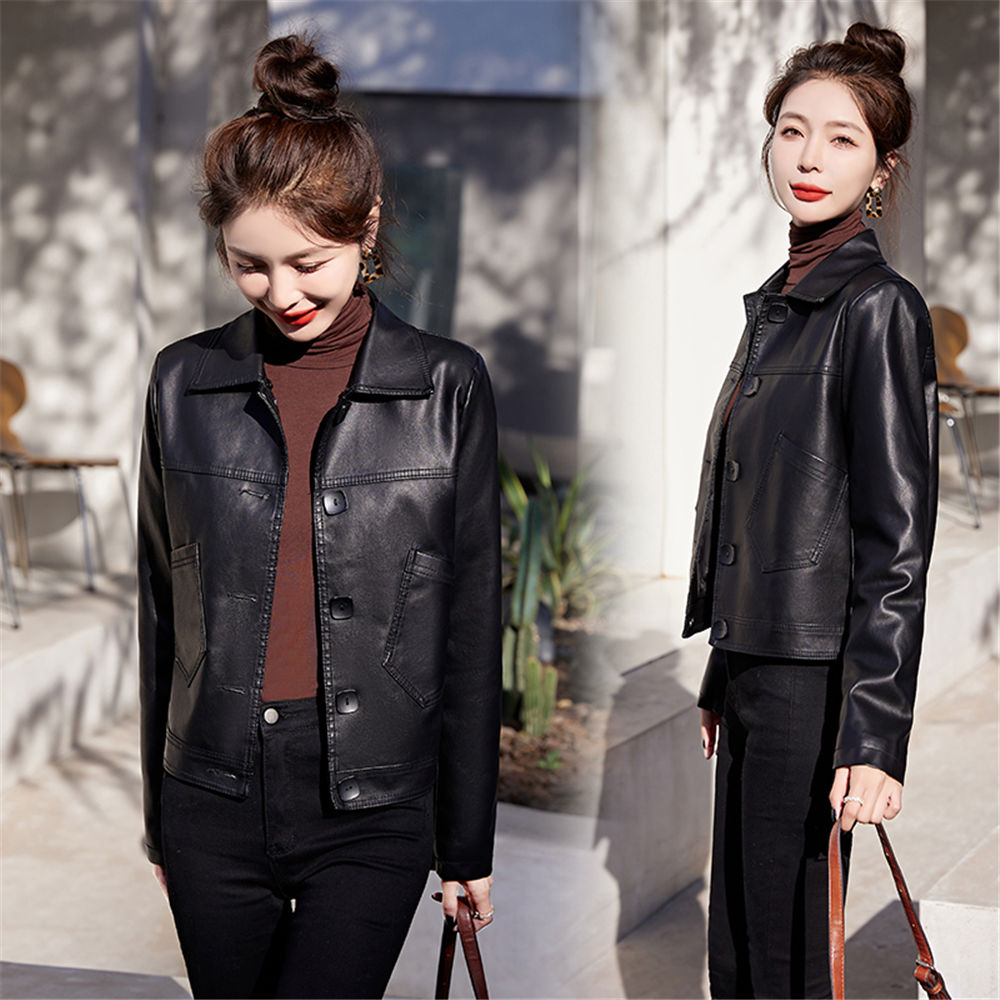 【运费补贴】2025年春秋新款女士八扣休闲皮衣外套时尚排扣薄款女装