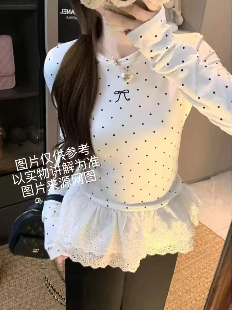 2025冬季新款大码女装高级感白色蕾丝花边长袖打底