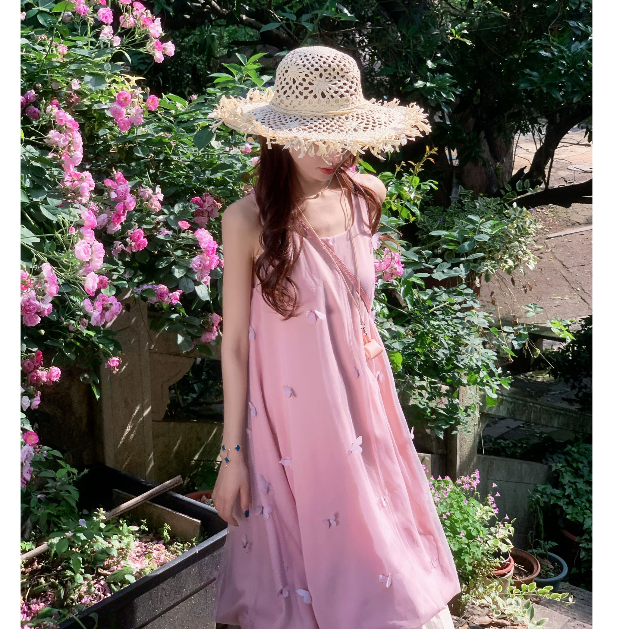 1美静在这【醋酸】立体小蝴蝶粉色连衣裙夏季仙女长裙子XMZH7129