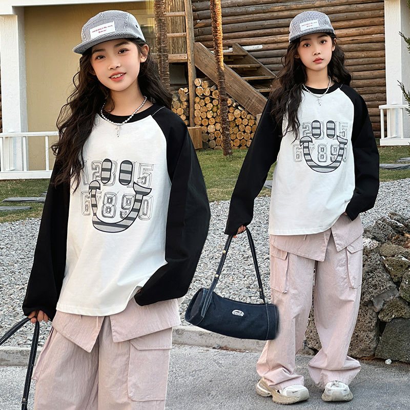 青少女大童打底衫春秋装加肥加大码宽松插肩长袖t恤学生大码上衣