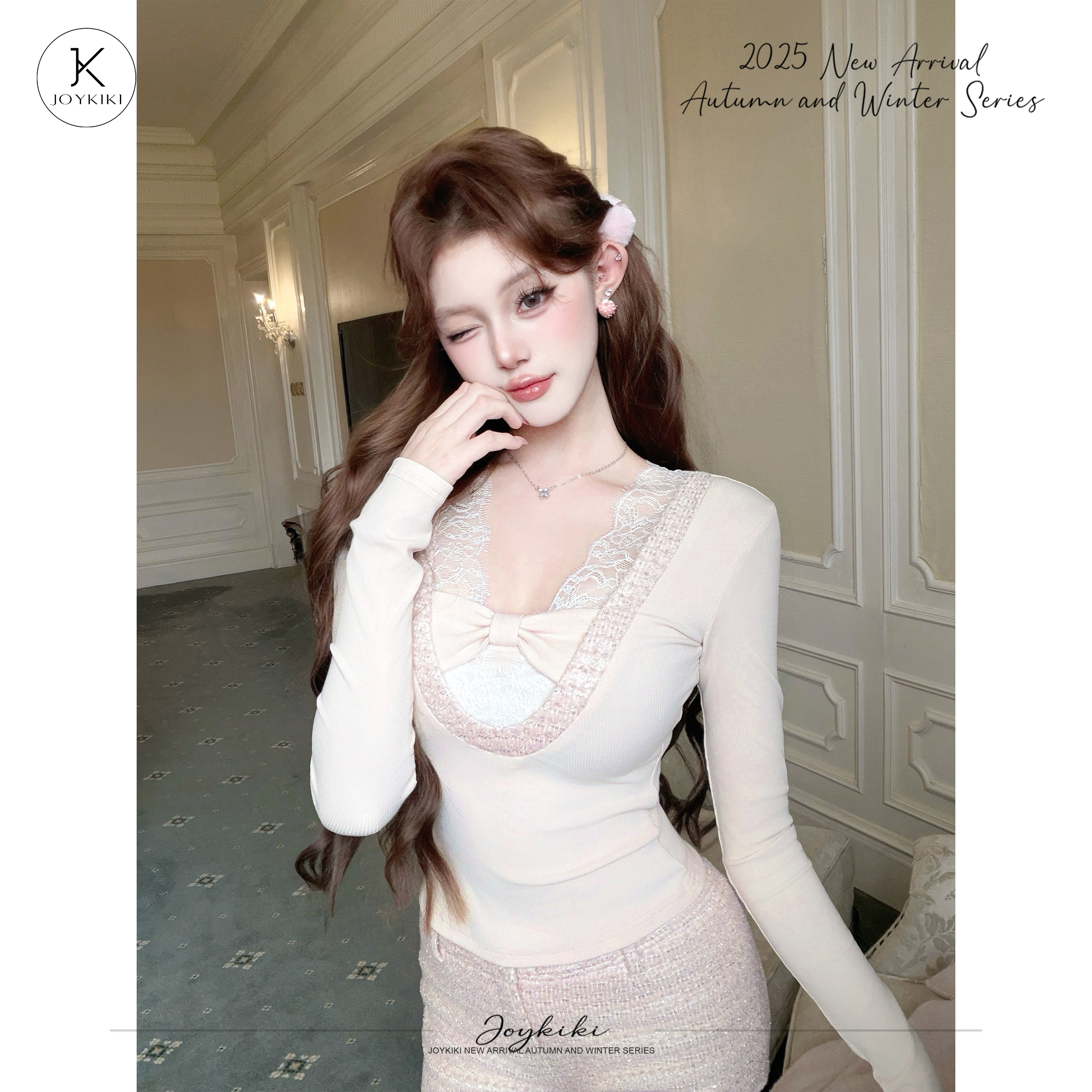 JOY KIKI鹅了么【白桃芝芝】纯欲约会蕾丝弹力假两件套装J25D381