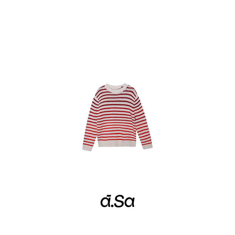 ASA-  【红色渐变条纹圆领毛衣】