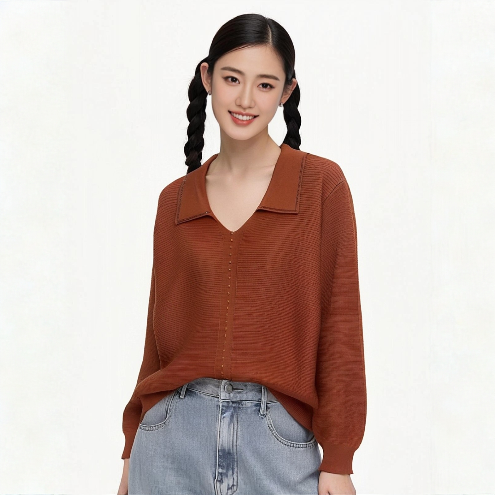 针织衫常规袖毛衣宽松夏季翻领中老年女装毛衫常规款  039