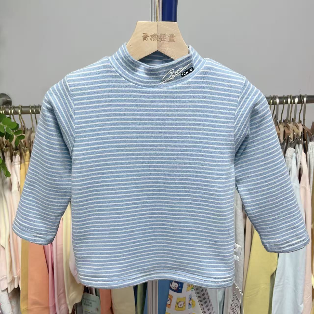 喜多熊儿童冬季条纹加绒打底衫双层上衣 20043