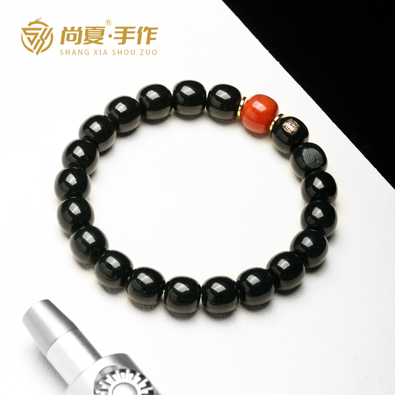 尚夏【见山】10MM和田玉塔青带皮料桶珠手串