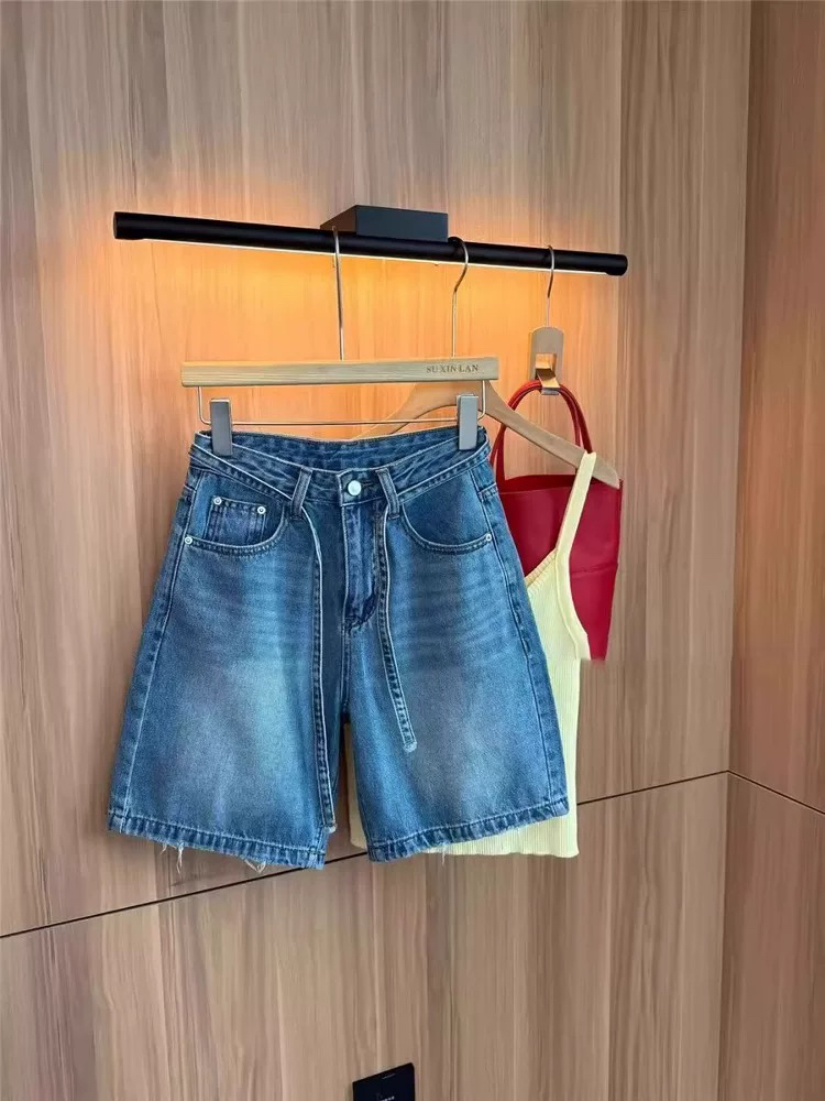 蓝色四分牛仔裤女夏季欧货高腰宽松显瘦简约抽绳休闲a字阔腿热裤