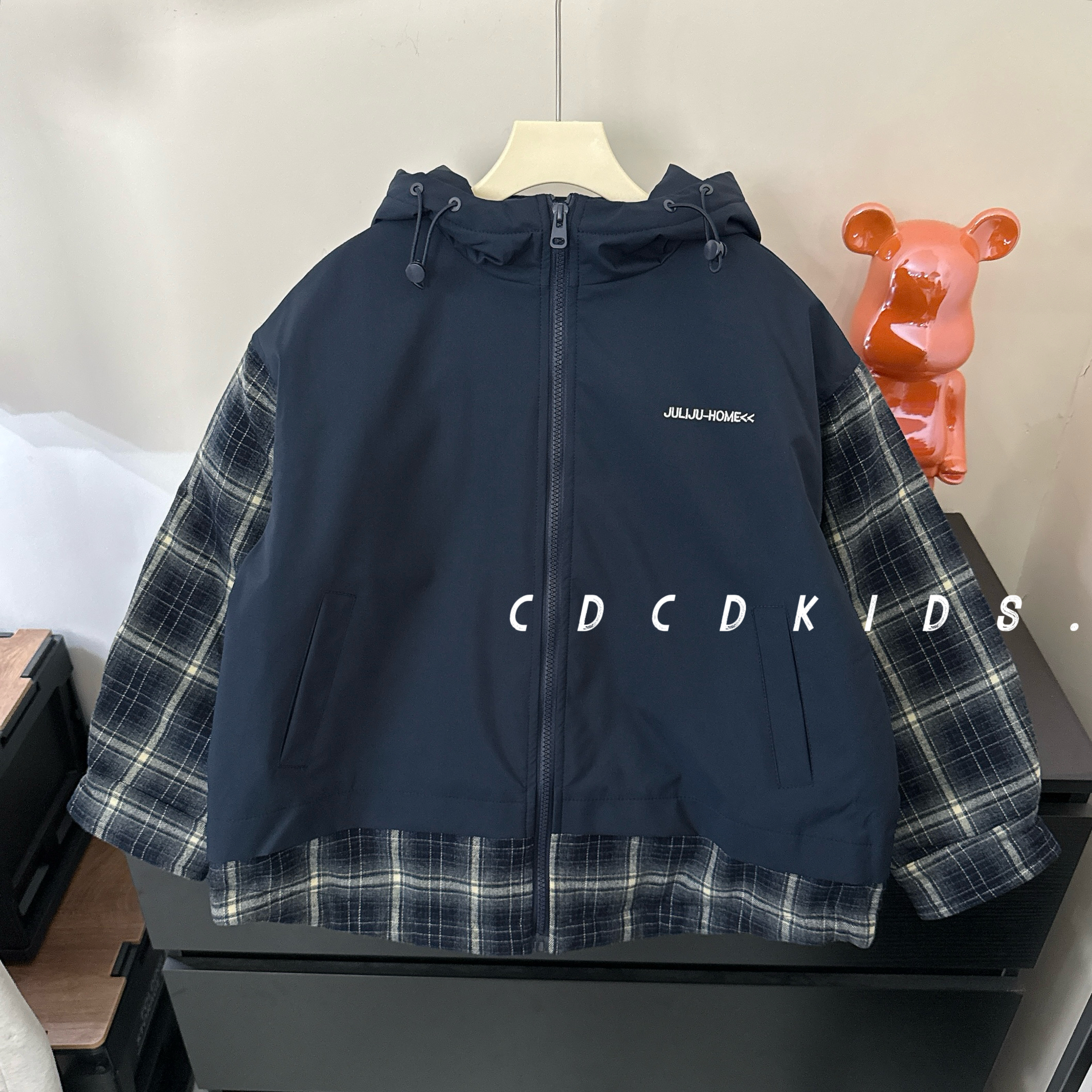 25105儿童冬季新款连帽设计格子男女童装拉链款连帽棉衣棉服