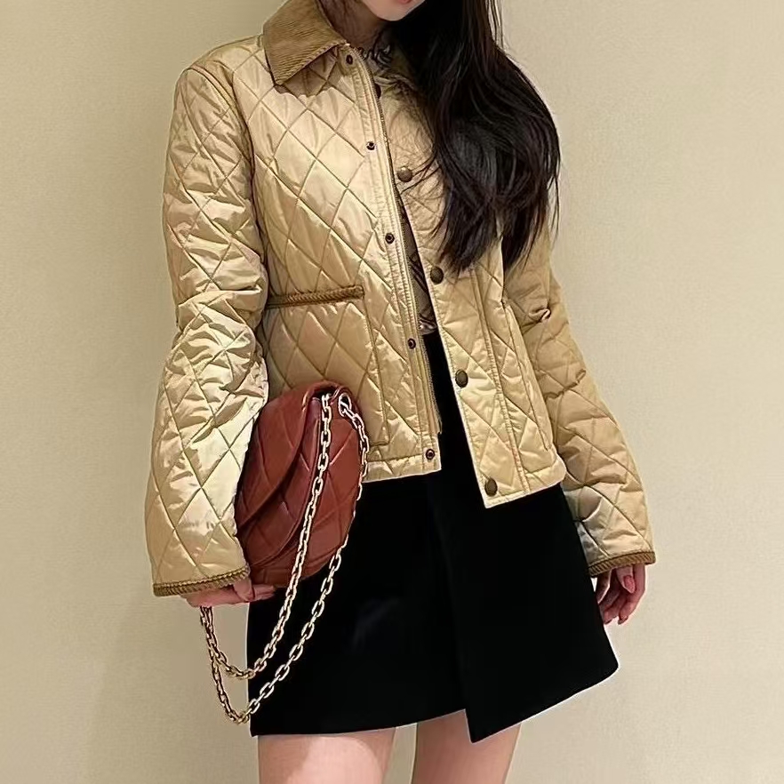 秋冬新款2025复古英伦风柔软翻领纯色菱格棉服女 LN001