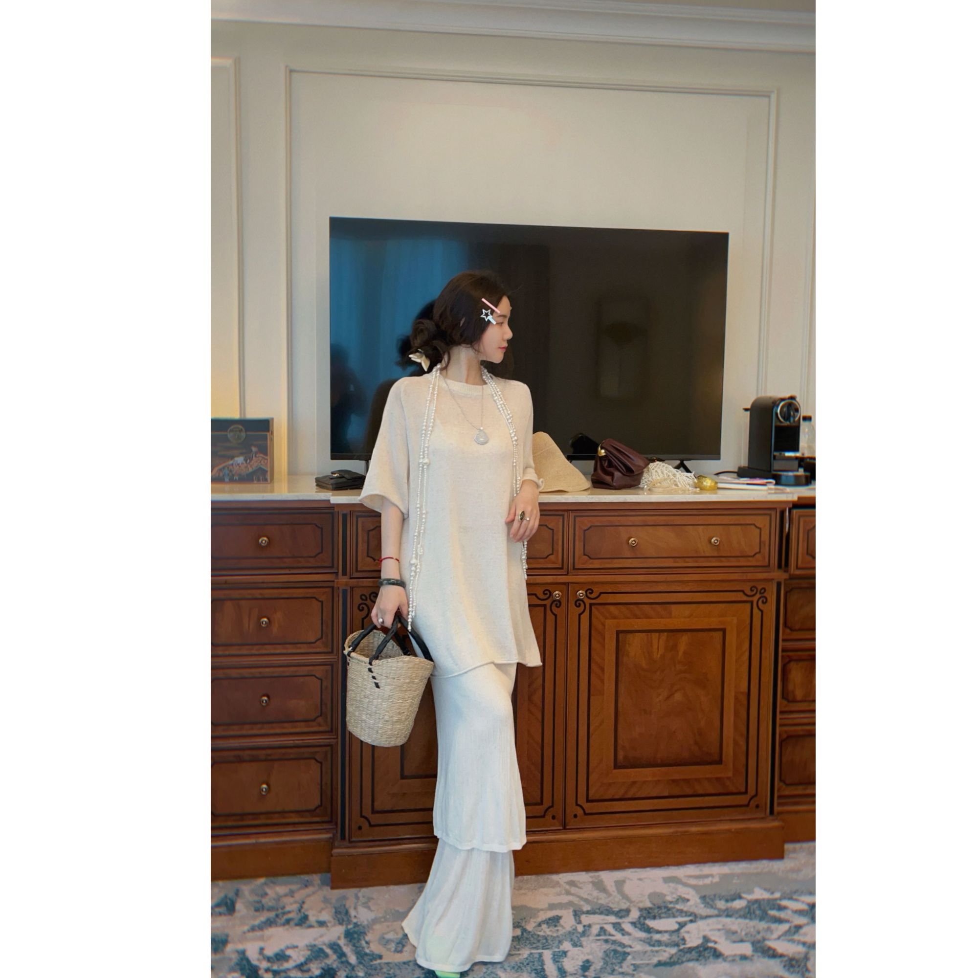 yanyan春夏款小众简约套头宽松上衣半裙套装亚麻色两件套套装