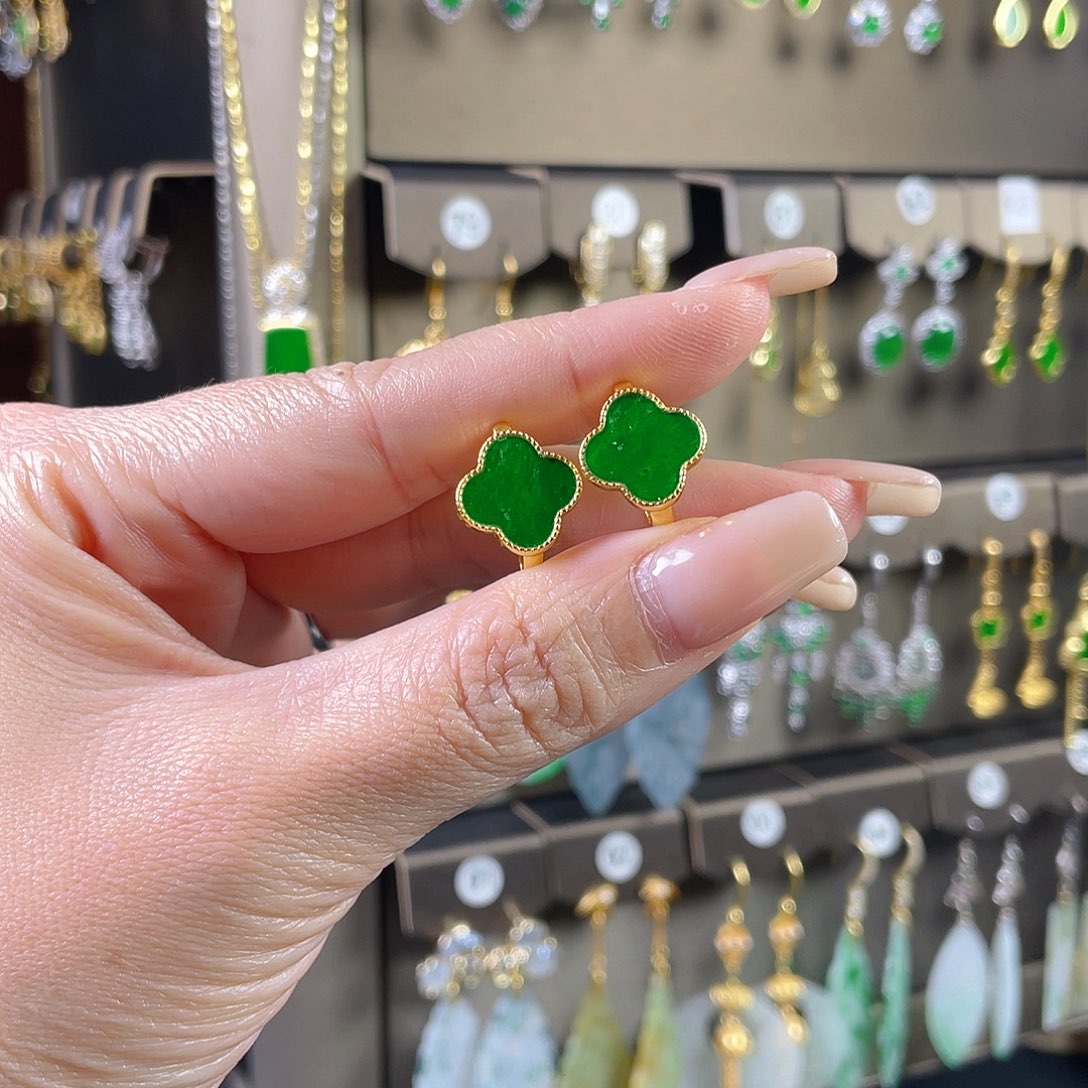 开***t翡翠银S925镶嵌耳饰缅甸A货