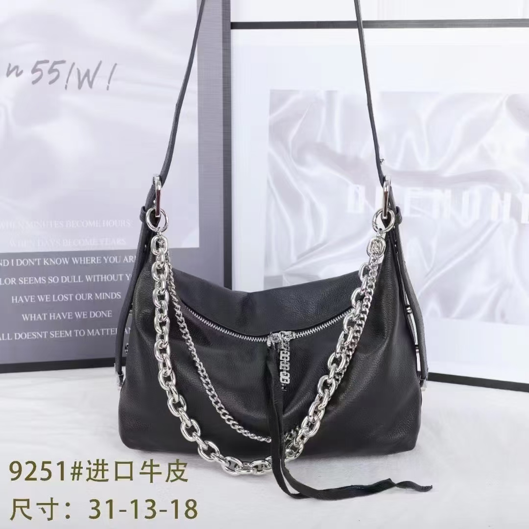 9251#头层牛皮女士小众时尚休闲斜挎包百搭单肩包包黑色链条包